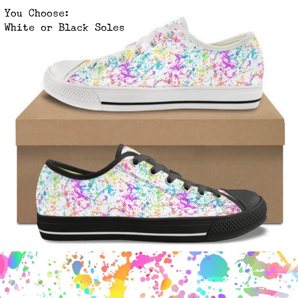 White Background Paint Splatter Kitty Kicks™️ CANVAS LOW TOP SHOES **REQUEST A PREORDER INVOICE** ($5 deposit will be applied to your full invoice)