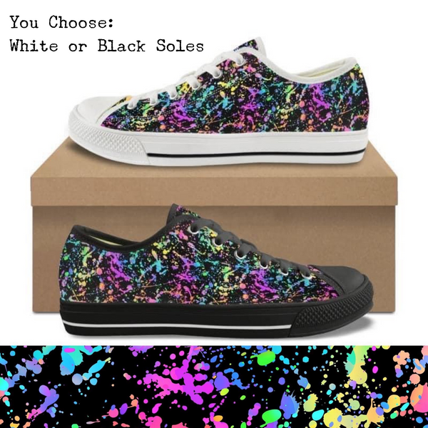 Black Background Paint Splatter Kitty Kicks™️ CANVAS LOW TOP SHOES **REQUEST A PREORDER INVOICE** ($5 deposit will be applied to your full invoice)