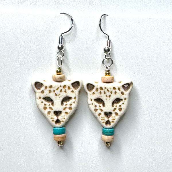 Amy Foxy Style Handmade Earrings - Ivory Stone Leopard with Ivory and Turquoise Accent Beads