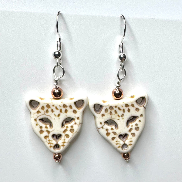 Amy Foxy Style Handmade Earrings - Ivory Stone Leopard with Copper Accent Beads