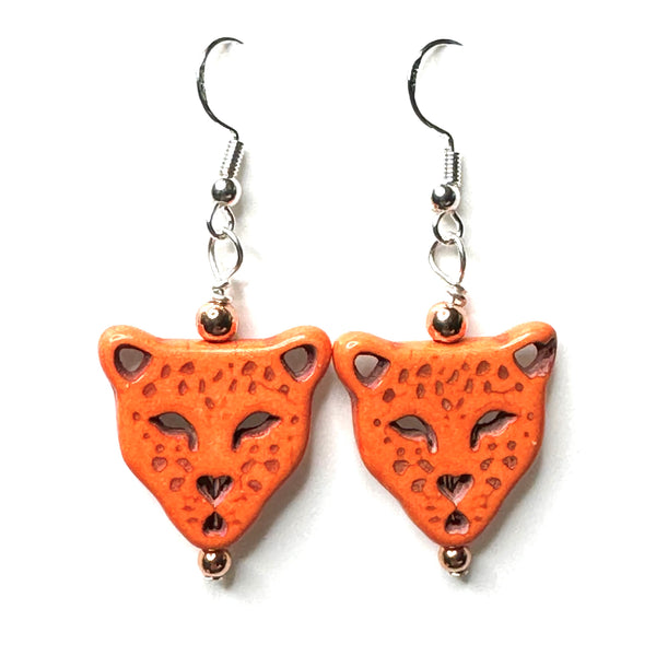 Amy Foxy Style Handmade Earrings - Orange Stone Leopard with Copper Accent Beads