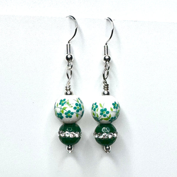 Amy Foxy Style Handmade Earrings - Green Flower Porcelain with Green Rhinestone Beads