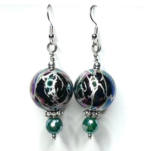 Amy Foxy Style Handmade Earrings - Mystic Green Fire Agate and Rainbow Iridescent Crackle Big Ball Beads