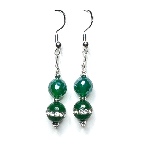Amy Foxy Style Handmade Earrings - Green Rhinestone Striped and Mystic Green Fire Agate Beads