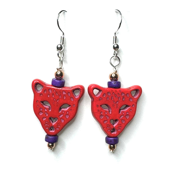 Amy Foxy Style Handmade Earrings - Red Stone Leopard with Purple and Copper Accent Beads