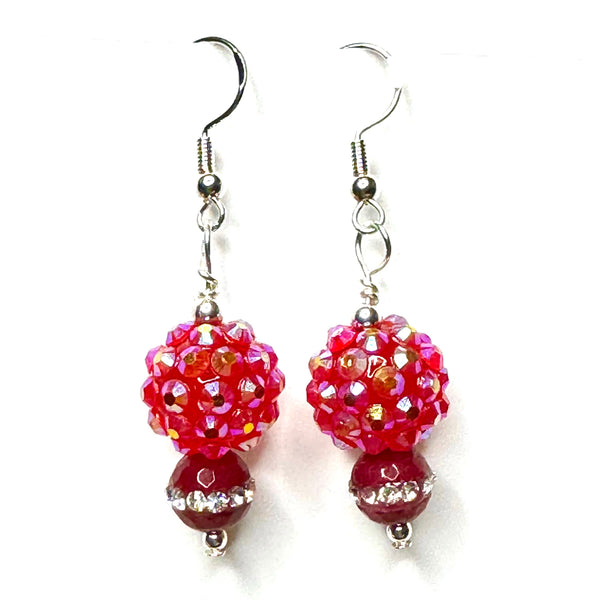 Amy Foxy Style Handmade Earrings - Burgundy Rhinestone Striped and Pink Sparkle Ball Beads
