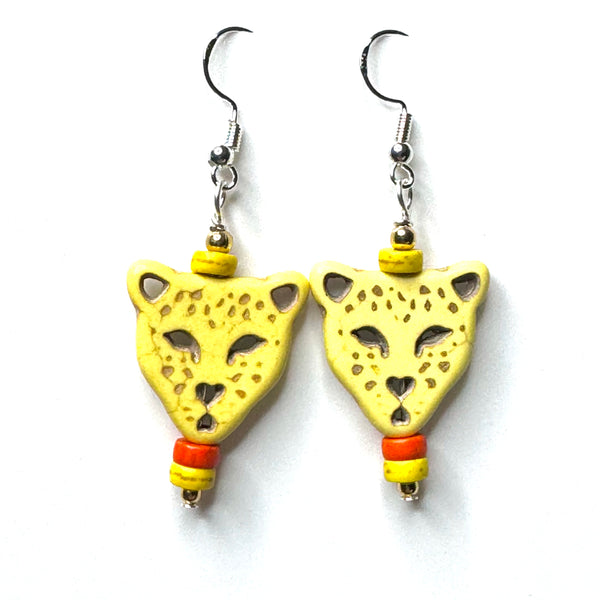 Amy Foxy Style Handmade Earrings - Yellow Stone Leopard with Orange and Yellow Accent Beads