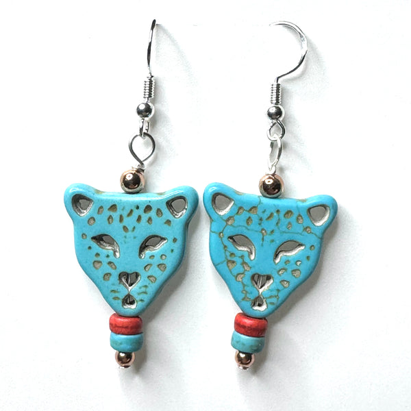 Amy Foxy Style Handmade Earrings - Turquoise Stone Leopard with Turquoise, Red, and Copper Accent Beads