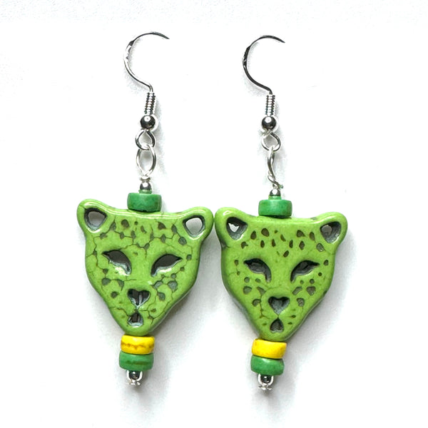 Amy Foxy Style Handmade Earrings - Green Stone Leopard with Green and Yellow Accent Beads