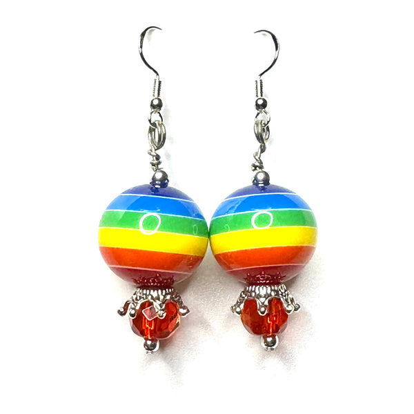 Amy Foxy Style Handmade Earrings - Crowned Faceted Orange and Rainbow Stripe Big Ball Beads