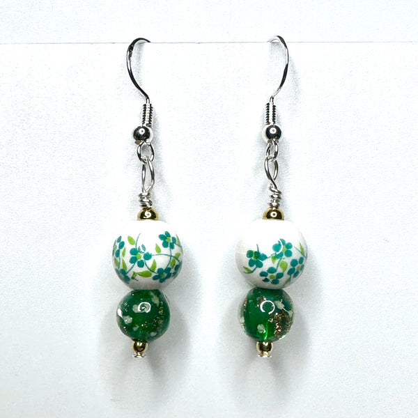 Amy Foxy Style Handmade Earrings - Green Flower Porcelain with Gold Fleck Green Glass Beads