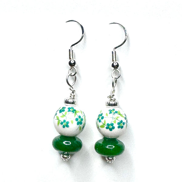 Amy Foxy Style Handmade Earrings - Green Flower Porcelain with Green Jade Beads