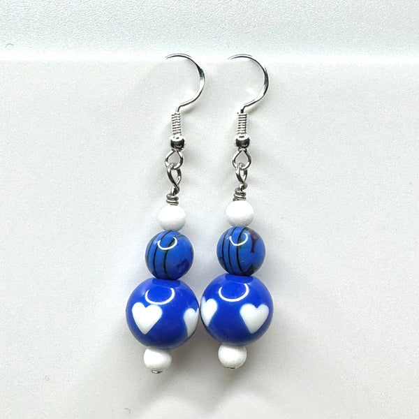 Amy Foxy Style Handmade Earrings - Blue and White Hearts with Confetti Beads