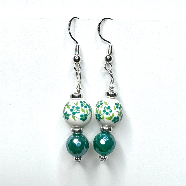 Amy Foxy Style Handmade Earrings - Green Flower Porcelain with Mystic Green Fire Agate Beads