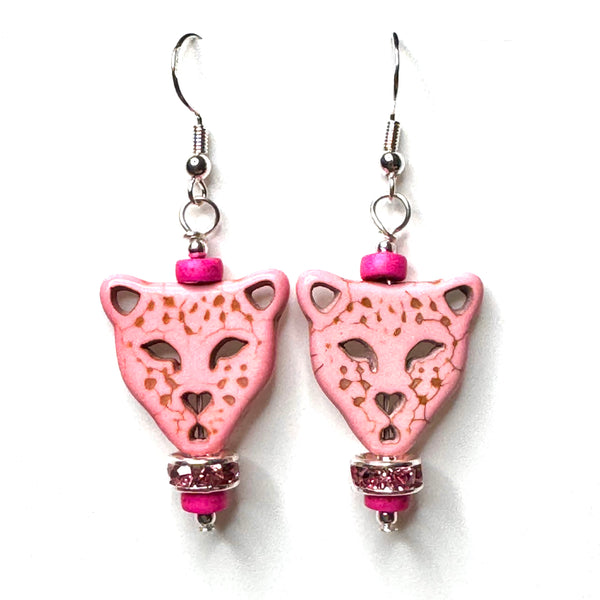 Amy Foxy Style Handmade Earrings - Pink Stone Leopard with Pink Rhinestone Accent Beads
