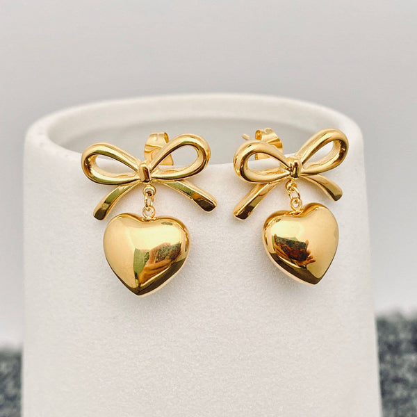 Mio Queena - 18K Gold-Plated Heart Bow Post Earrings