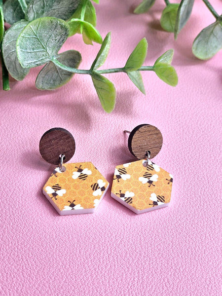 Jedi Woods - Bumble Bee and Honeycomb Dangle Stud Earrings