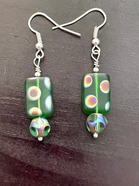 Amy Foxy Style Handmade Earrings - Green Dot Beads