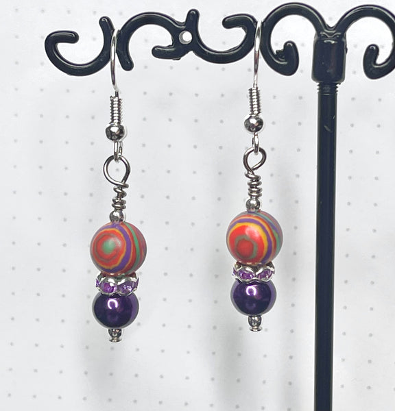 Amy Foxy Style Handmade Earrings - Deep Purple Pearl, Lilac Rhinestone Rondelle and Rainbow Dyed Malachite Beads