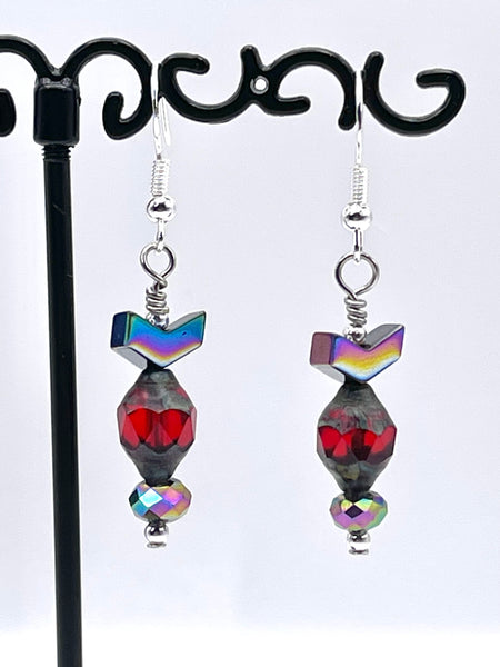 Amy Foxy Style Handmade Earrings -  Iridescent Rainbow Arrow and Red Antique Lantern-Style Beads