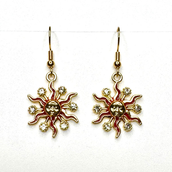 Amy Foxy Style Handmade Earrings - Rhinestone Enamel Celestial Charms with Golden Hooks: Red Suns