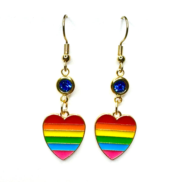 Amy Foxy Style Handmade Earrings - Double Dangle Rainbow Heart Charms with Golden Hooks: Bright Blue Rhinestones