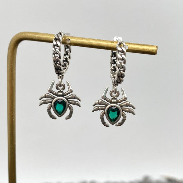 Mio Queena - Gothic Green CZ Spider Chain Huggie Earrings