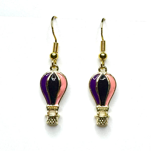 Amy Foxy Style Handmade Earrings - Hot Air Balloon Charms with Golden Hooks: Purple, Black, Pink