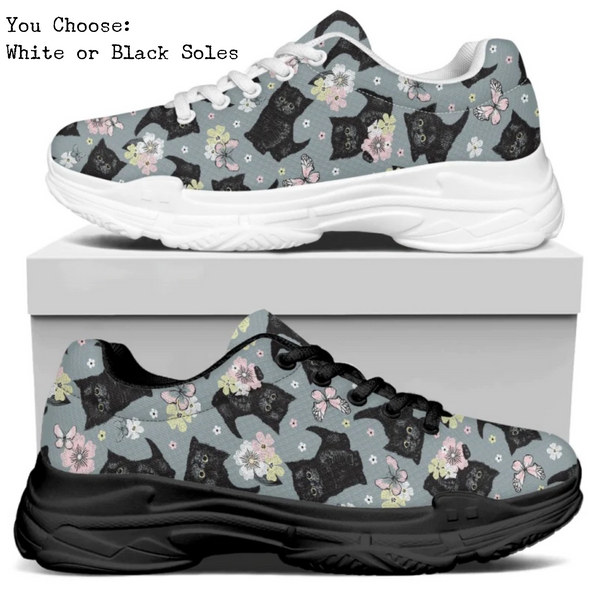 Floral Black Kitties Kitty Kicks™️ MODERN WALKING SHOES **REQUEST A PREORDER INVOICE** ($5 deposit will be applied to your full invoice)