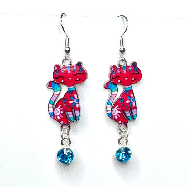 Amy Foxy Style Handmade Earrings - Double Dangle Artsy Cat Charms: Raspberry with Aqua Rhinestone