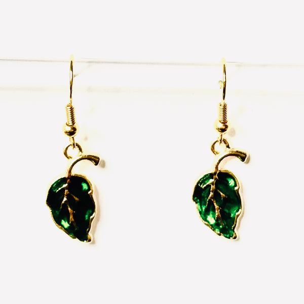 Amy Foxy Style Handmade Earrings - Green Leaf Charms with Golden Hooks