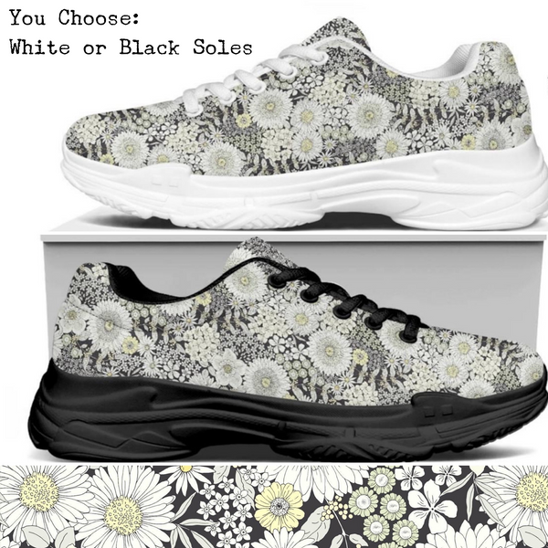 Retro Grayscale Flowers Kitty Kicks™️ MODERN WALKING SHOES **REQUEST A PREORDER INVOICE** ($5 deposit will be applied to your full invoice)