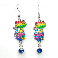 Amy Foxy Style Handmade Earrings - Double Dangle Artsy Cat Charms: Rainbow Ombré with Blue Rhinestone