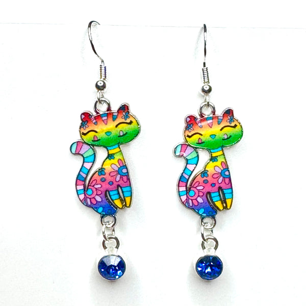 Amy Foxy Style Handmade Earrings - Double Dangle Artsy Cat Charms: Rainbow Ombré with Blue Rhinestone