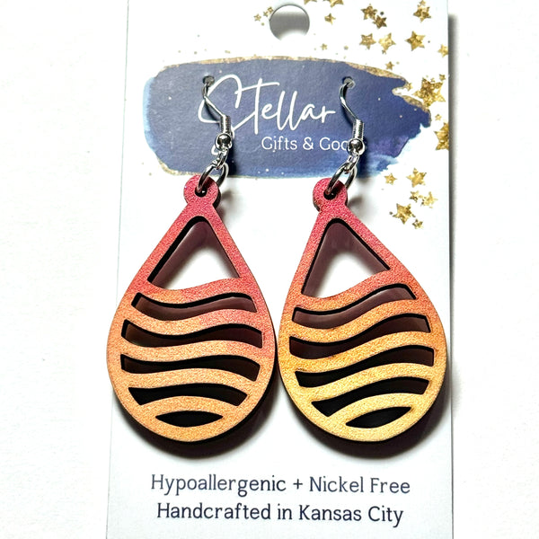 Stellar Gifts Petite Sunset Ombre Wave Cutout Teardrop Wood Dangle Earrings