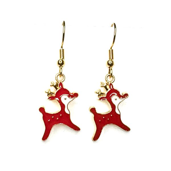 Amy Foxy Style Handmade Earrings - Holiday Charms with Golden Hooks: Vintage Reindeer RED