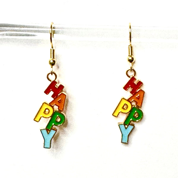 Amy Foxy Style Handmade Earrings - Rainbow HAPPY Charms with Golden Hooks