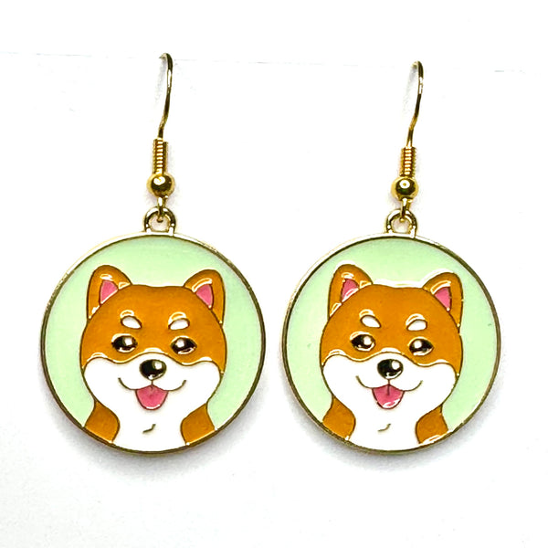 Amy Foxy Style Handmade Earrings - Happy Dog Puppy Charms with Golden Hooks: Shiba Inu
