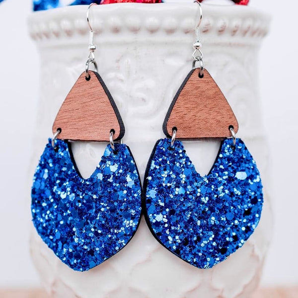 Stellar Gifts Blue Glitter Leather Wood Dangle Earrings