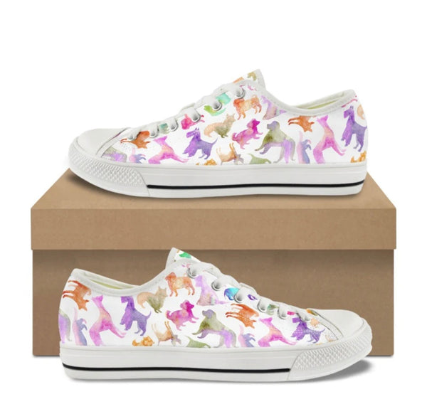Canvas Low Top Shoes - white soles and laces - white background with watercolor dog silhouettes
