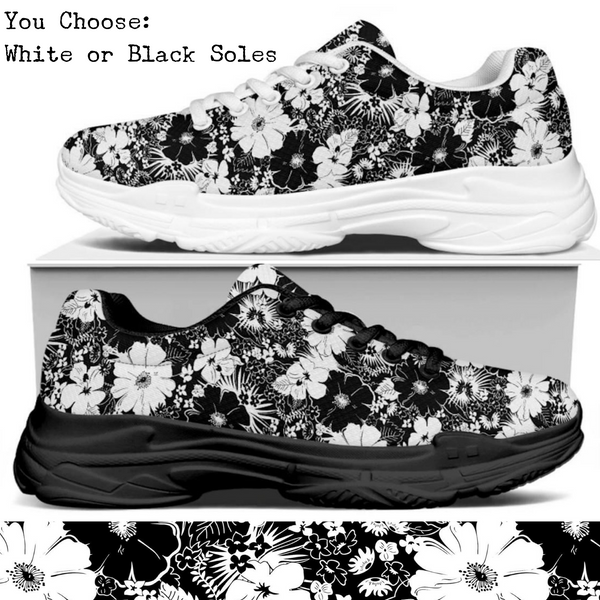 Black & White Flowers Kitty Kicks™️ MODERN WALKING SHOES **REQUEST A PREORDER INVOICE** ($5 deposit will be applied to your full invoice)