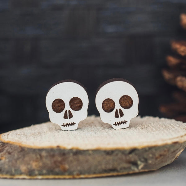 Stellar Gifts Skull Wood Stud Earrings