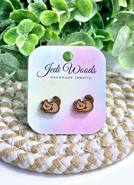 Jedi Woods - Wooden Cat Stud Earrings