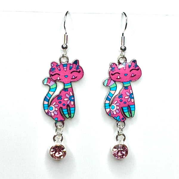 Amy Foxy Style Handmade Earrings - Double Dangle Artsy Cat Charms: Pink with Light Pink Rhinestone
