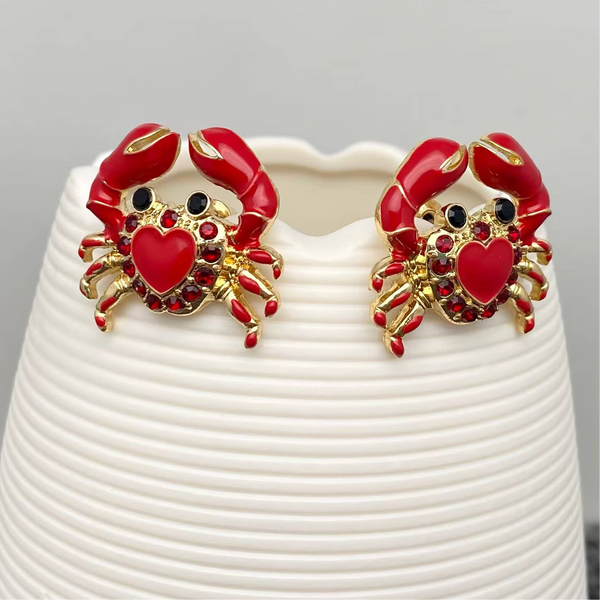 Mio Queena - Red Heart Enamel Crab Stud Earrings