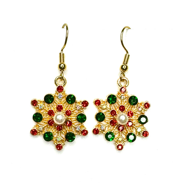 Amy Foxy Style Handmade Earrings - Holiday Charms with Golden Hooks: Ornate Rhinestone and Pearl Bead Snowflakes