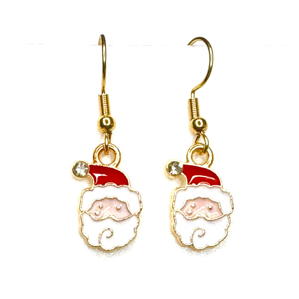 Amy Foxy Style Handmade Earrings - Holiday Charms with Golden Hooks: Tiny Santa with Rhinestones