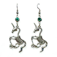 Amy Foxy Style Handmade Earrings - Unicorn Skeleton Charms: Double Dangle Emerald Green Rhinestones