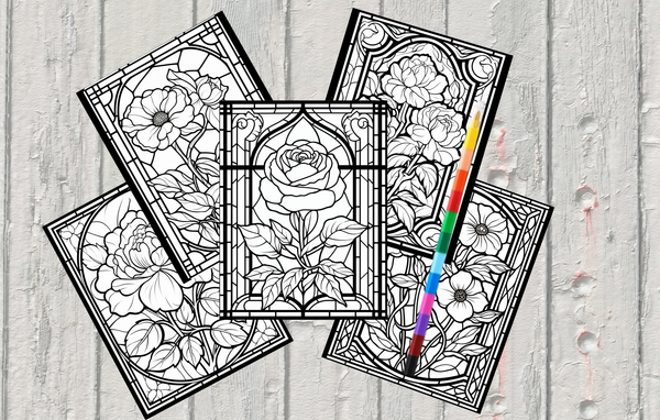 Mystical Monkey Toes - Stained Glass Flower Coloring Sheets With Stackable Crayon