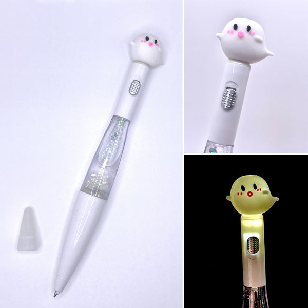 White pen with floating glitter inside and a cute ghost topper that lights up with a switch. 
